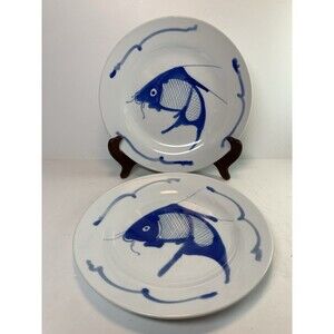 Vintage Asian Chinese Hand Painted Blue & White Koi Carp Fish 8” Plates Set of 2